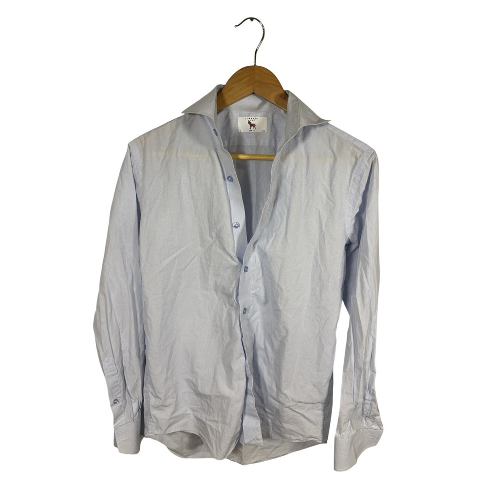 Lorenzo Uomo Dress Shirt Mens 15‎ 32/33 Light Blue Micro Stripe Trim Fit Cotton